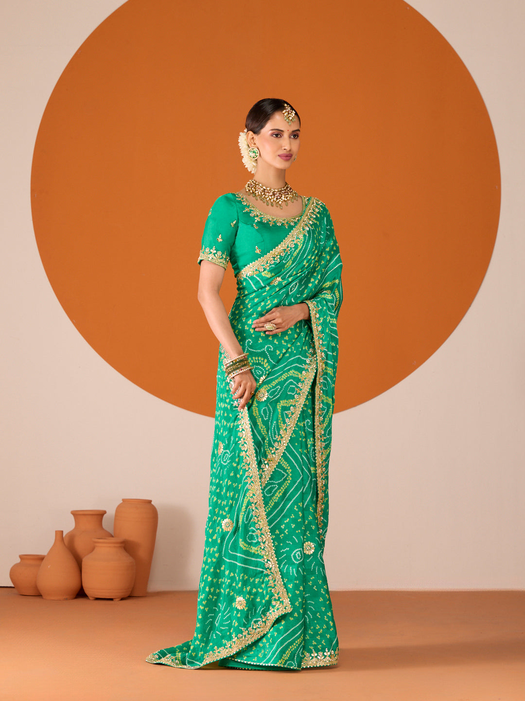Laxmipati Ruchi Green Chiffon Embroidered Saree