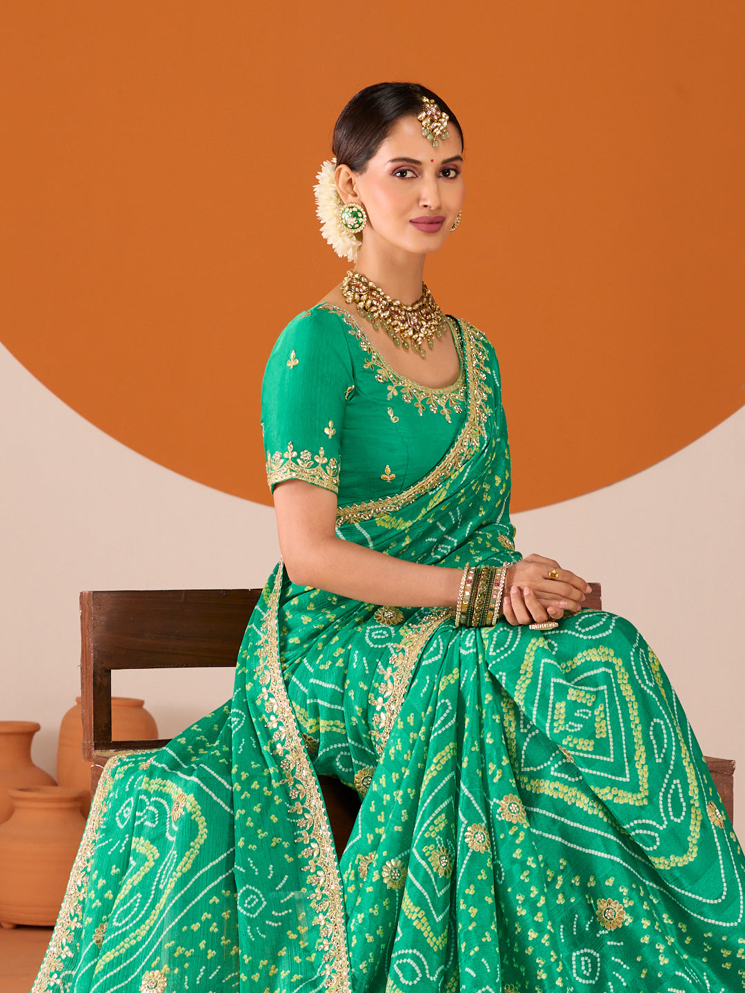 Laxmipati Ruchi Green Chiffon Embroidered Saree