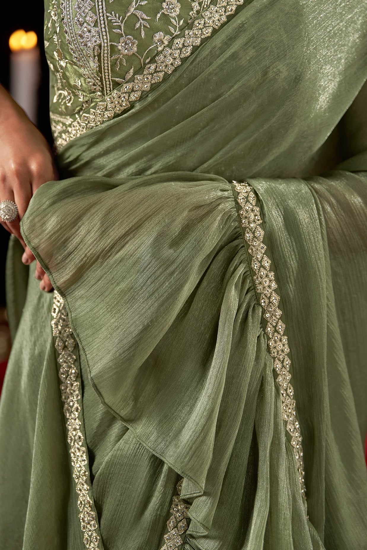 Green Pre Draped Saree