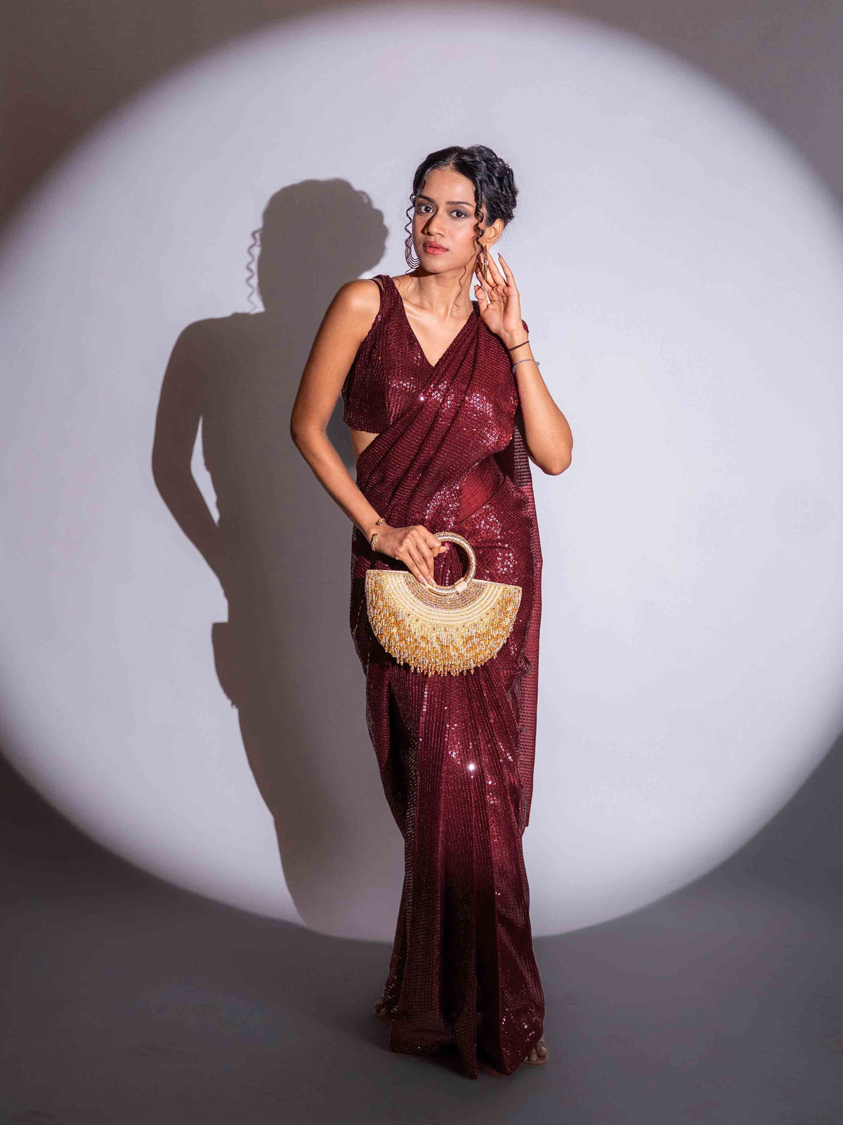 Maroon sequin embroidered georgette saree party wear
