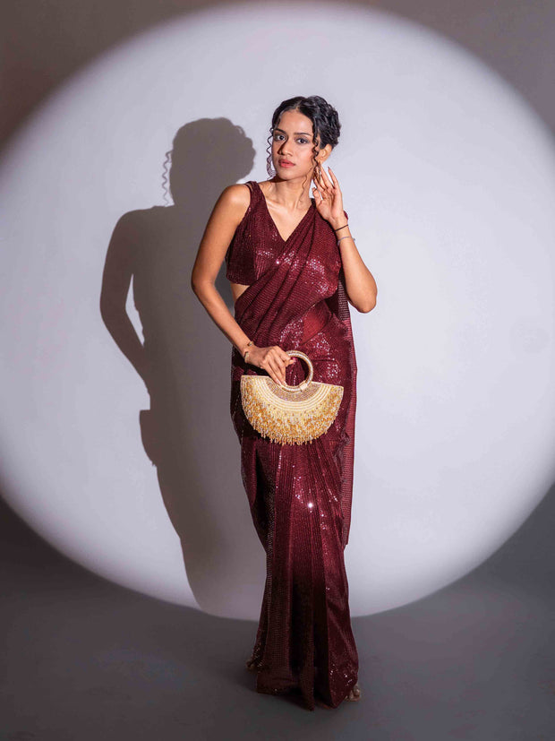 Maroon sequin embroidered georgette saree party wear
