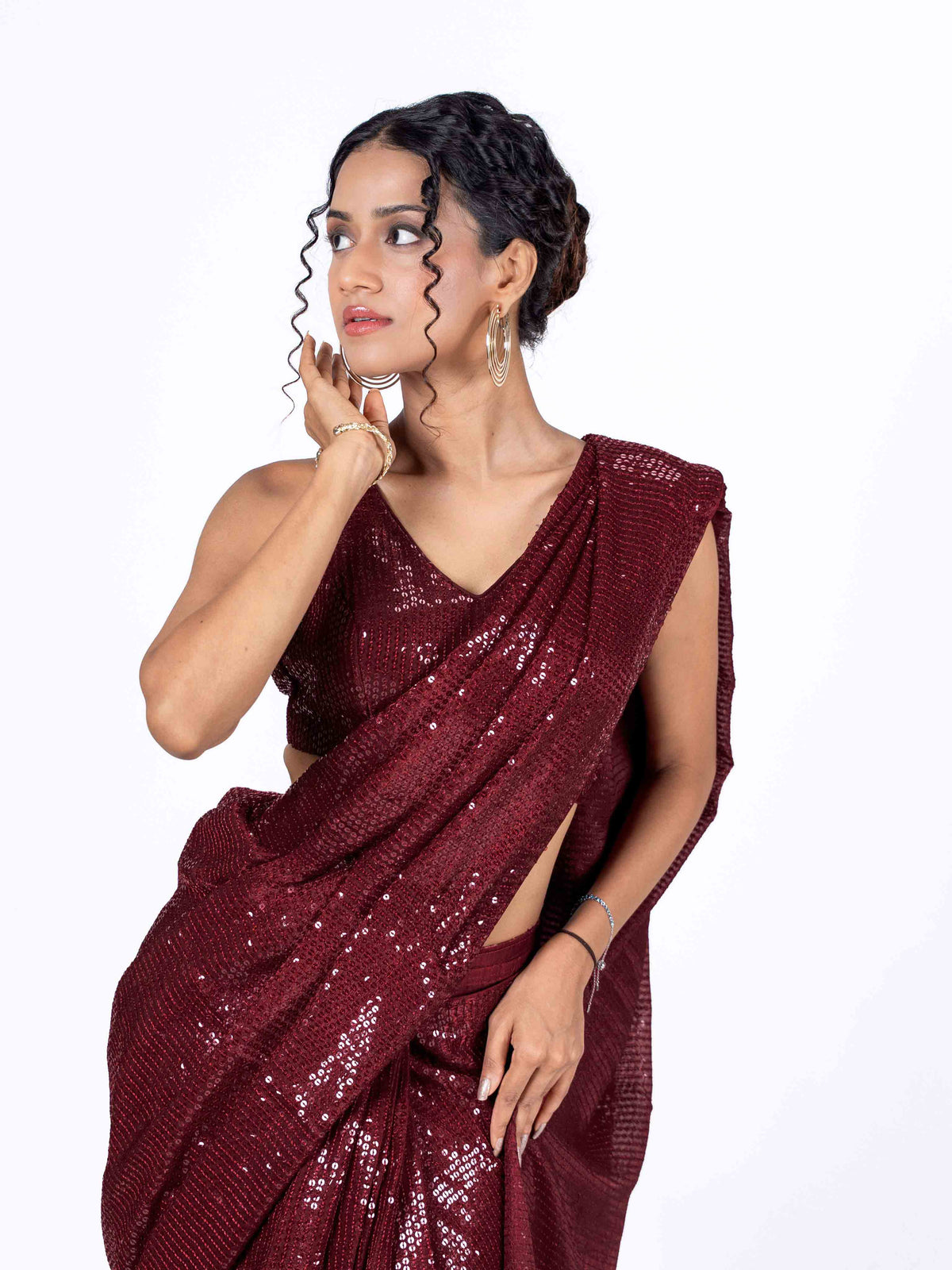 Maroon sequin embroidered georgette saree bridal wear
