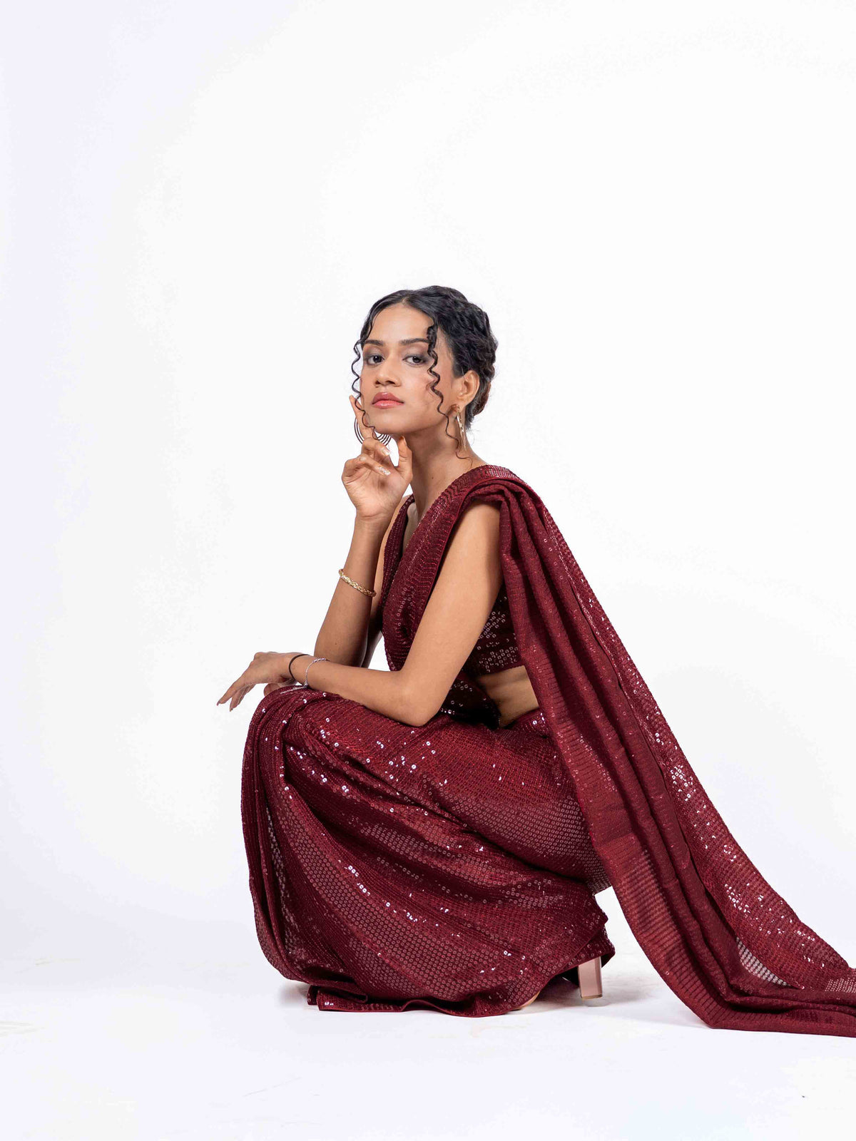Maroon sequin embroidered georgette saree wedding wear
