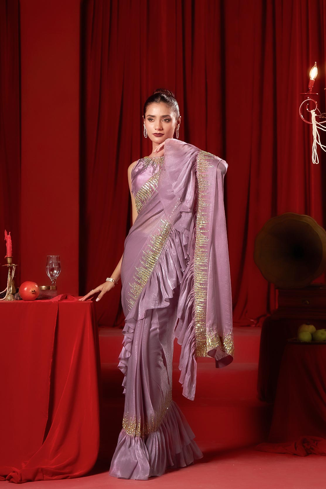Purple Ready To Wear Saree With Sequence Stone Neck Embroidered Blouse