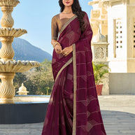 Wine Printed Saree in Satin Chiffon Patta – Lightweight & Luxurious- Rang Panchami