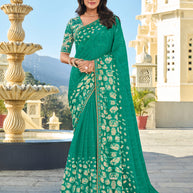 Teal Green Floral Chiffon Print Saree – Perfect for Casual & Office Wear- Rang Panchami