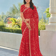 Red Chiffon Saree with Geometric Print – Soft, Flowing & Stylish - Rang Panchami