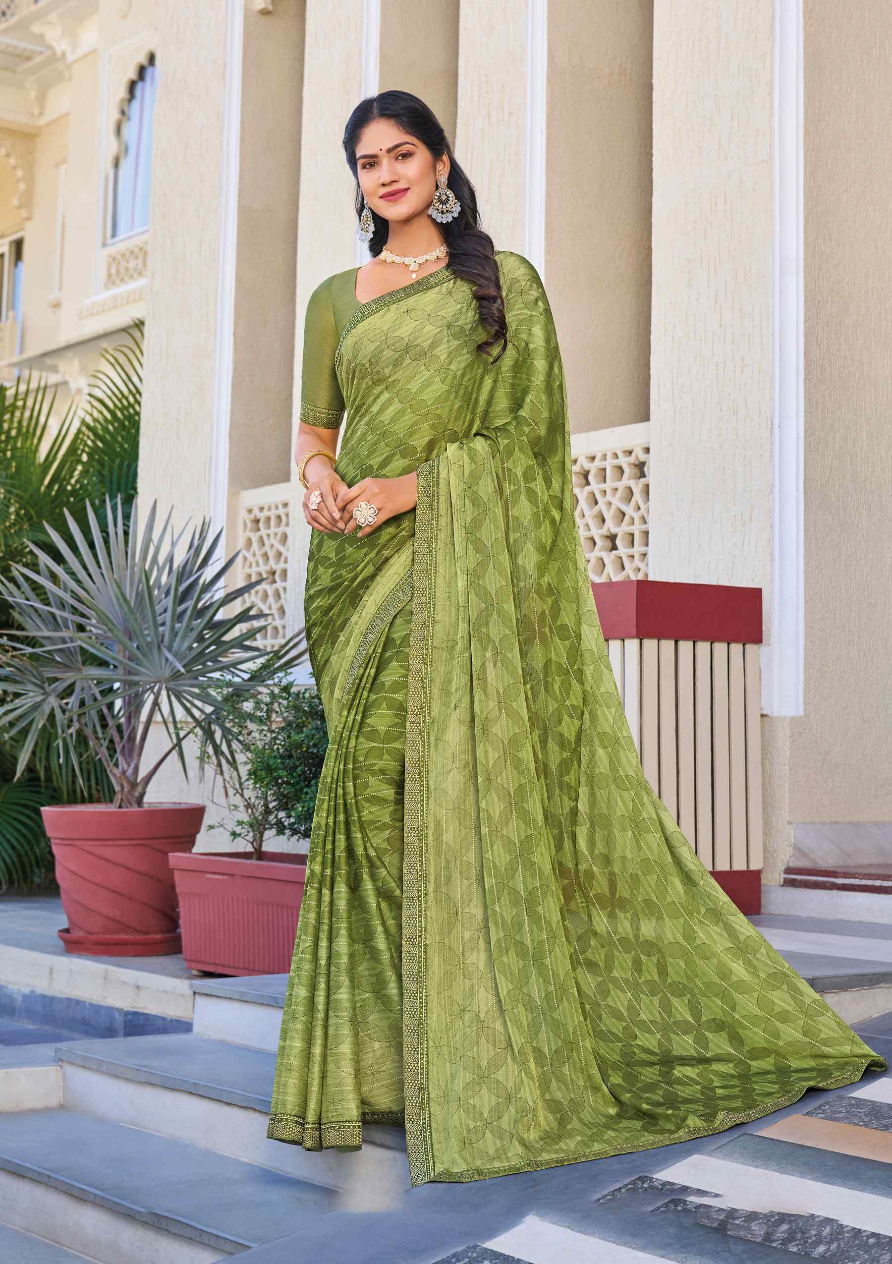 Green Chiffon Floral Printed Saree – Flowy, Beautiful & Timeless Appeal- Rang Panchami