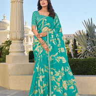 Turquoise Blue Chiffon Saree with Floral Prints – Soft & Stylish - Rang Panchami