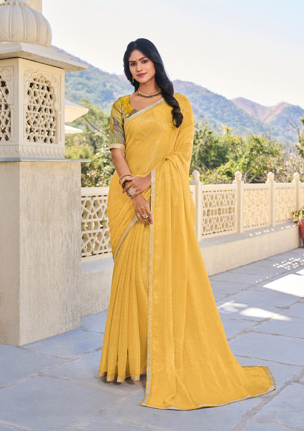 Mustard Chiffon Printed Saree – Elegant, Lightweight & Stylish - Rang Panchami