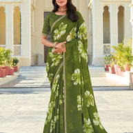 Green Chiffon Saree with Floral Patterns – Ethnic, Classy & Vibrant- Rang Panchami