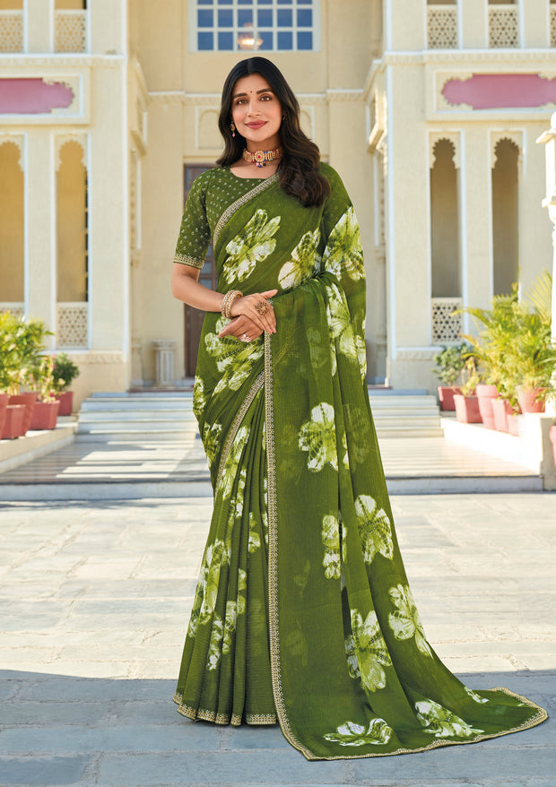 Green Chiffon Saree with Floral Patterns – Ethnic, Classy & Vibrant- Rang Panchami