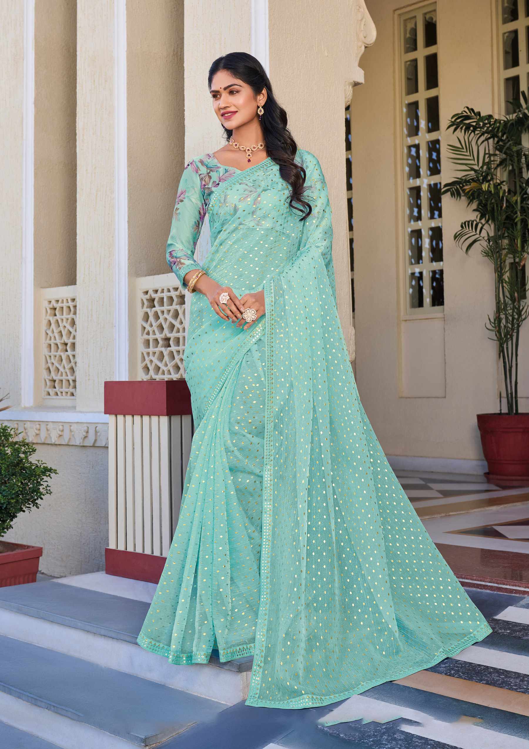 Baby Blue Chiffon Floral Printed Saree – Elegant, Lightweight & Stylish- Rang Panchami