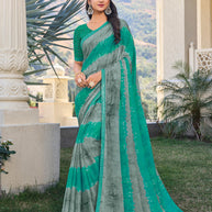 Teal Blue Chiffon Abstract Printed Saree – Elegant, Lightweight & Graceful Drape- Rang Panchami