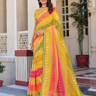 Multicolor Satin Chiffon Saree with Stripe Pattern – Elegant, Lightweight & Stylish- Rang Panchami