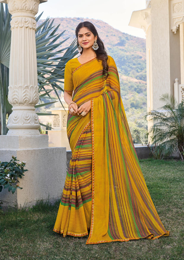 Mustard Printed Chiffon Saree – Ideal for Office & Daily Wear - Rang Panchami