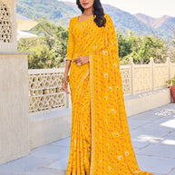 Mustard Yellow Chiffon Bandhani Print Saree – Lightweight & Graceful Drape- Rang Panchami