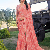 Peach Chiffon Saree with Floral Print – Soft, Flowing & Stylish- Rang Panchami