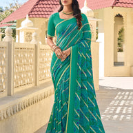 Teal Green Chiffon Printed Saree – Lightweight & Stylish Drape- Rang Panchami