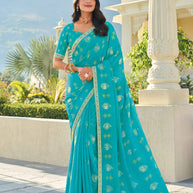 Teal Elegance Chiffon Printed  Saree – Graceful & Flowing Drape - Rang Panchami