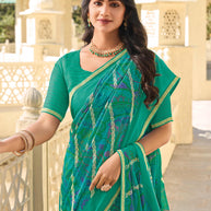 Teal Green Chiffon Printed Saree – Lightweight & Stylish Drape- Rang Panchami