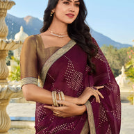 Wine Printed Saree in Satin Chiffon Patta – Lightweight & Luxurious- Rang Panchami