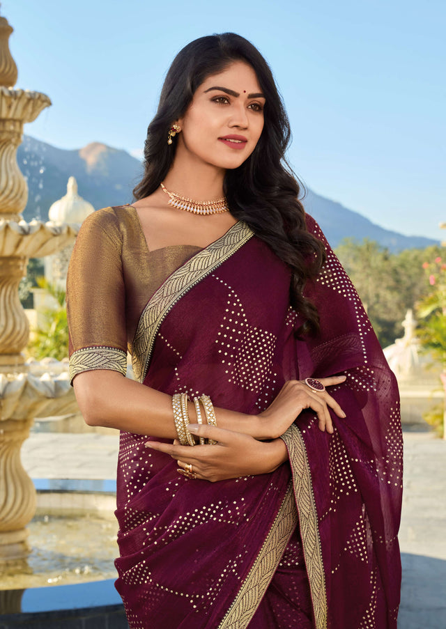 Wine Printed Saree in Satin Chiffon Patta – Lightweight & Luxurious- Rang Panchami