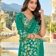 Teal Green Floral Chiffon Print Saree – Perfect for Casual & Office Wear- Rang Panchami