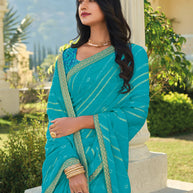 Blue Striped Chiffon Saree – Soft, Flowing & Stylish - Rang Panchami