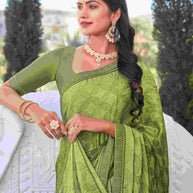 Green Chiffon Floral Printed Saree – Flowy, Beautiful & Timeless Appeal- Rang Panchami