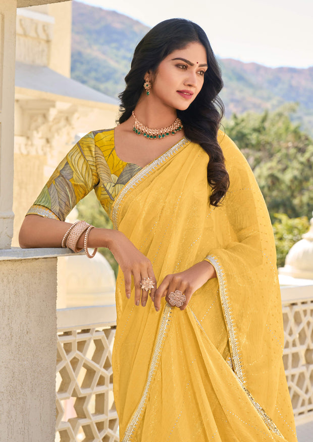 Mustard Chiffon Printed Saree – Elegant, Lightweight & Stylish - Rang Panchami