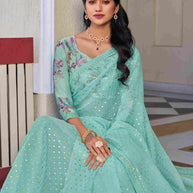 Baby Blue Chiffon Floral Printed Saree – Elegant, Lightweight & Stylish- Rang Panchami