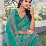 Teal Blue Chiffon Abstract Printed Saree – Elegant, Lightweight & Graceful Drape- Rang Panchami