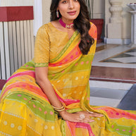 Multicolor Satin Chiffon Saree with Stripe Pattern – Elegant, Lightweight & Stylish- Rang Panchami