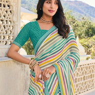 Multicolor Striped Georgette Saree – Soft, Flowing & Trendy- Rang Panchami