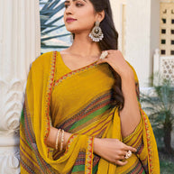 Mustard Printed Chiffon Saree – Ideal for Office & Daily Wear - Rang Panchami