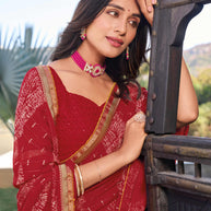 Red Geometric Pattern Chiffon Saree – Soft, Flowing & Stylish - Rang Panchami