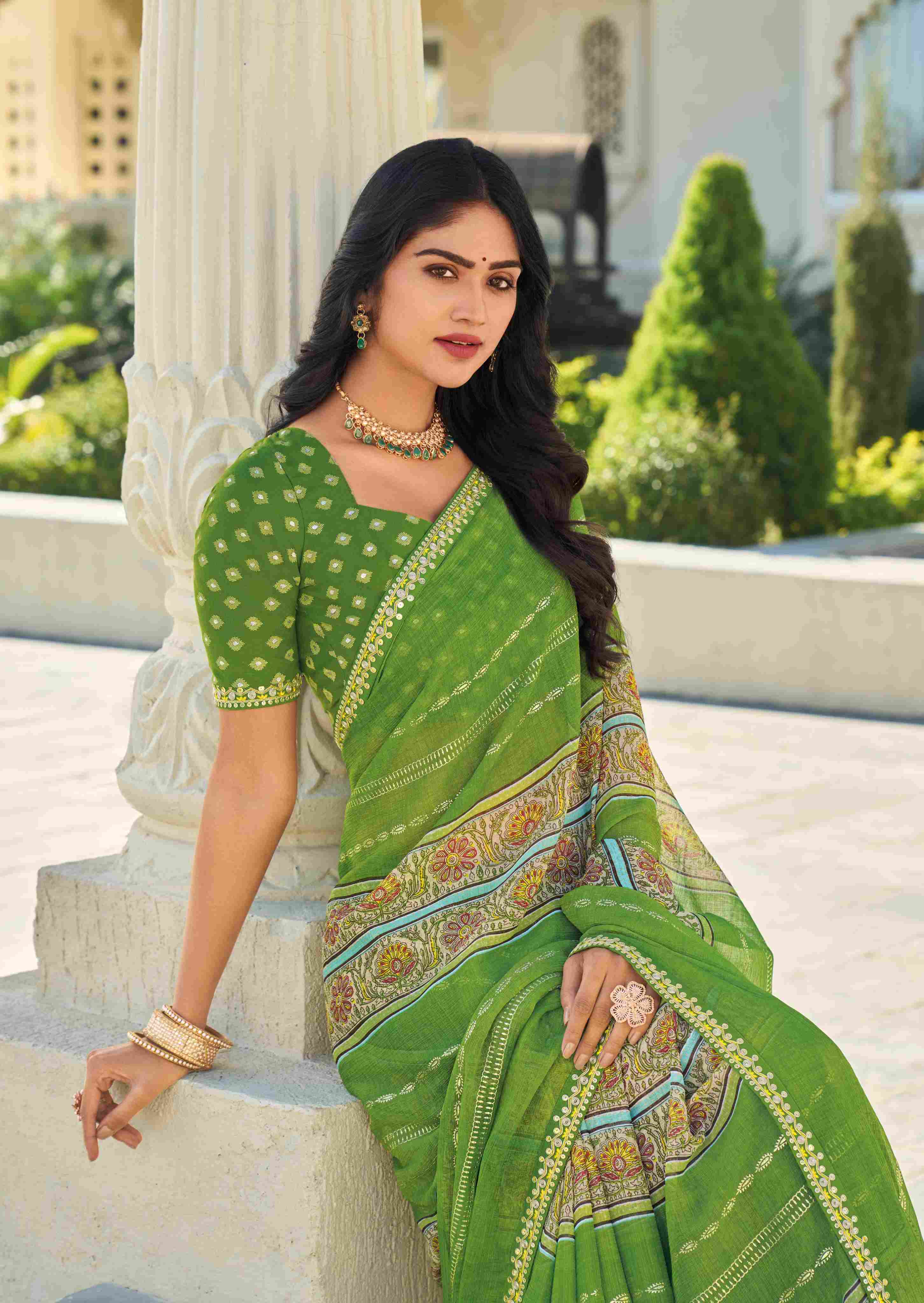 Green Chiffon Butti Printed Saree – Soft, Flowing & Stylish Look - Rang Panchami