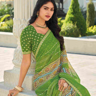 Green Chiffon Butti Printed Saree – Soft, Flowing & Stylish Look - Rang Panchami