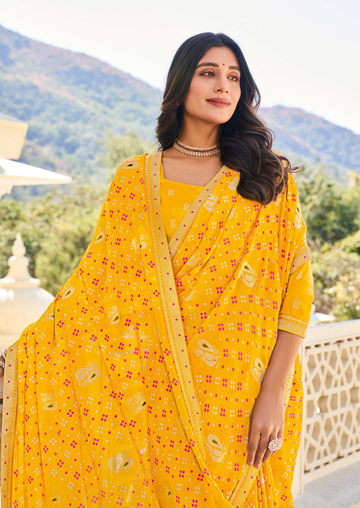 Mustard Yellow Chiffon Bandhani Print Saree – Lightweight & Graceful Drape- Rang Panchami