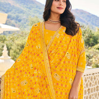 Mustard Yellow Chiffon Bandhani Print Saree – Lightweight & Graceful Drape- Rang Panchami
