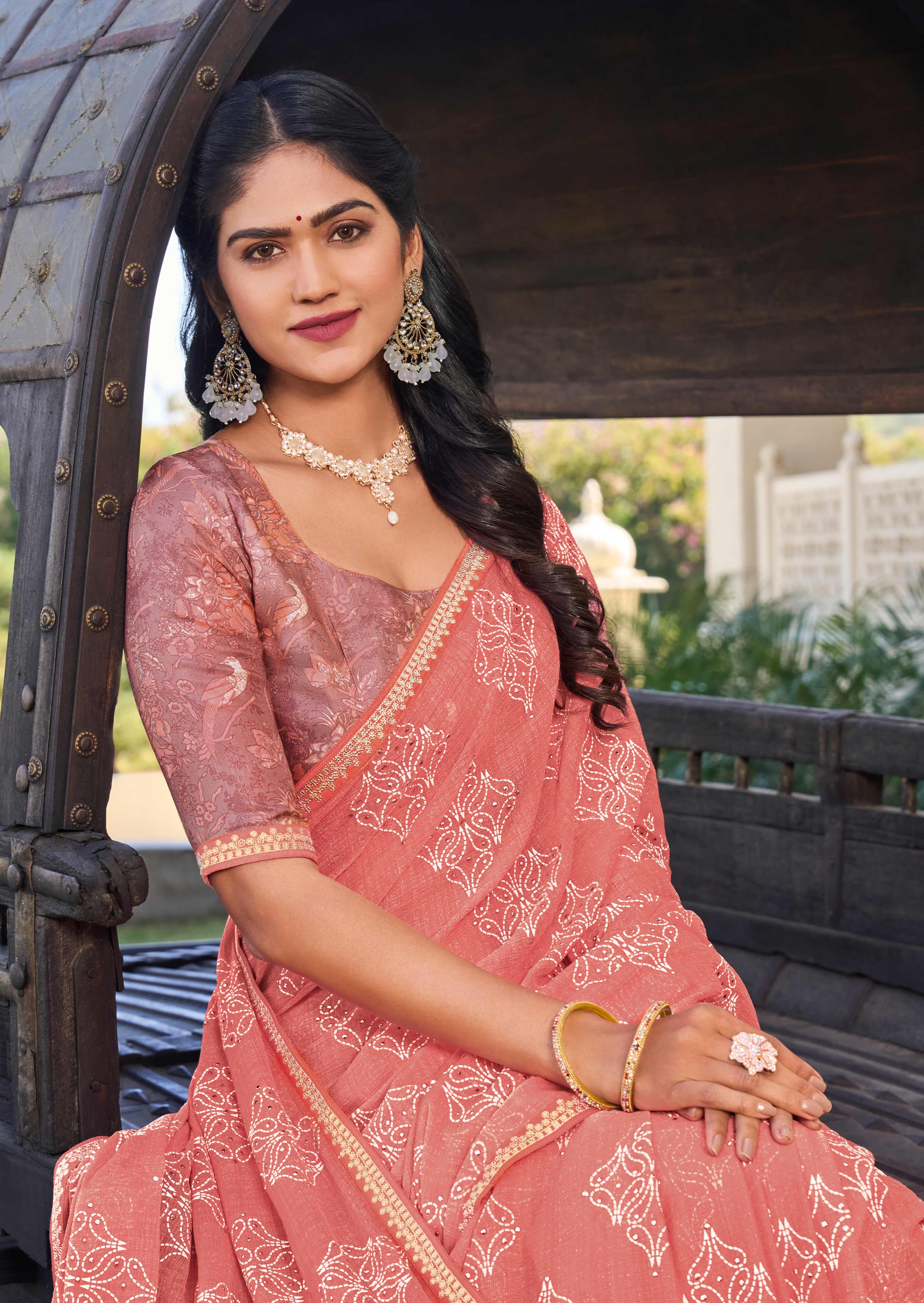 Peach Chiffon Saree with Floral Print – Soft, Flowing & Stylish- Rang Panchami