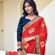 Laxmipati Ajrakh Swan Zari Motifs along with Brocade Border Chiffon Saree in Red Color with Unstitched Blouse