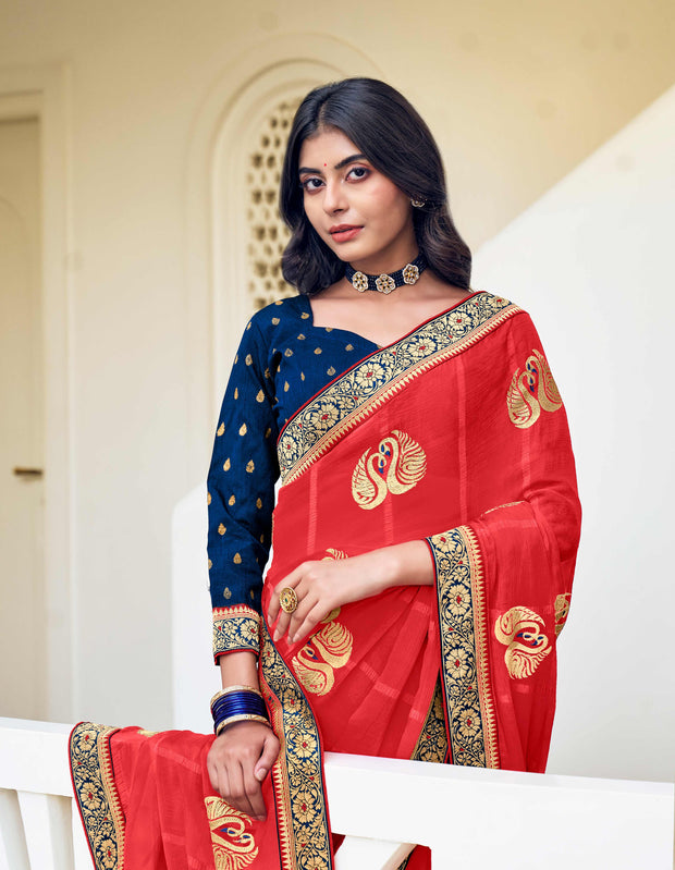 Laxmipati Ajrakh Swan Zari Motifs along with Brocade Border Chiffon Saree in Red Color with Unstitched Blouse