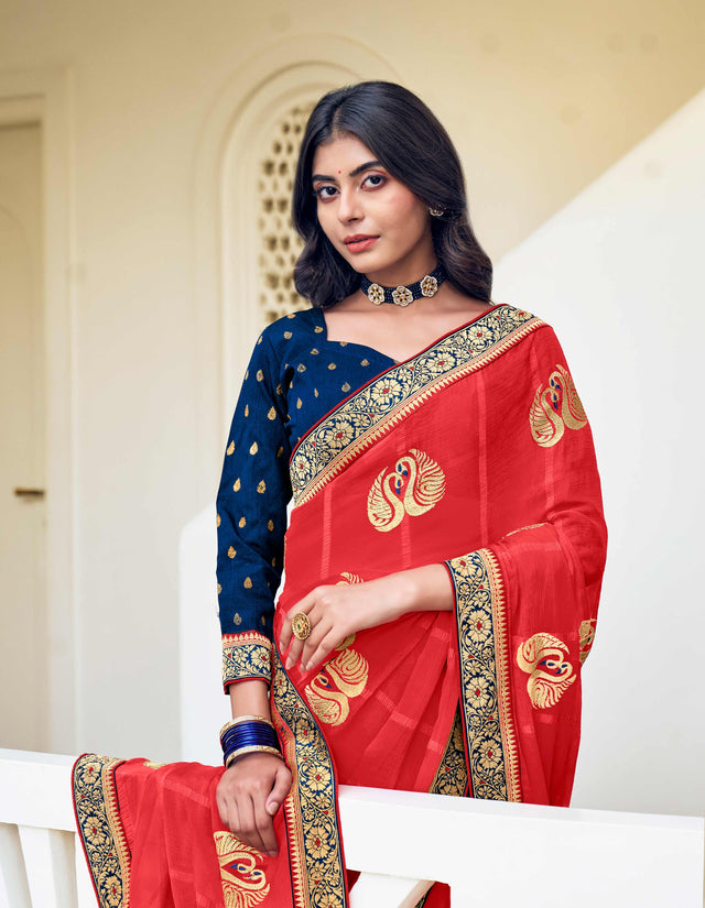 Laxmipati Ajrakh Swan Zari Motifs along with Brocade Border Chiffon Saree in Red Color with Unstitched Blouse