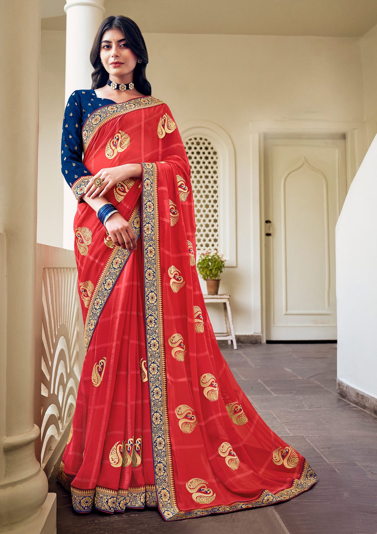 Laxmipati Ajrakh Swan Zari Motifs along with Brocade Border Chiffon Saree in Red Color with Unstitched Blouse