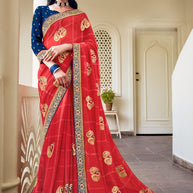 Laxmipati Ajrakh Swan Zari Motifs along with Brocade Border Chiffon Saree in Red Color with Unstitched Blouse