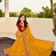Laxmipati Ajrakh Floral Zari Motifs along with Brocade Border Chiffon Saree in Orange Color with Unstitched Blouse