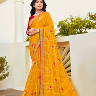 Laxmipati Ajrakh Floral Zari Motifs along with Brocade Border Chiffon Saree in Orange Color with Unstitched Blouse