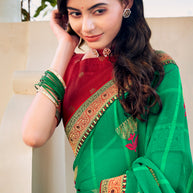 Laxmipati Ajrakh Floral Zari Motifs along with Brocade Border Chiffon Saree in Green Color with Unstitched Blouse